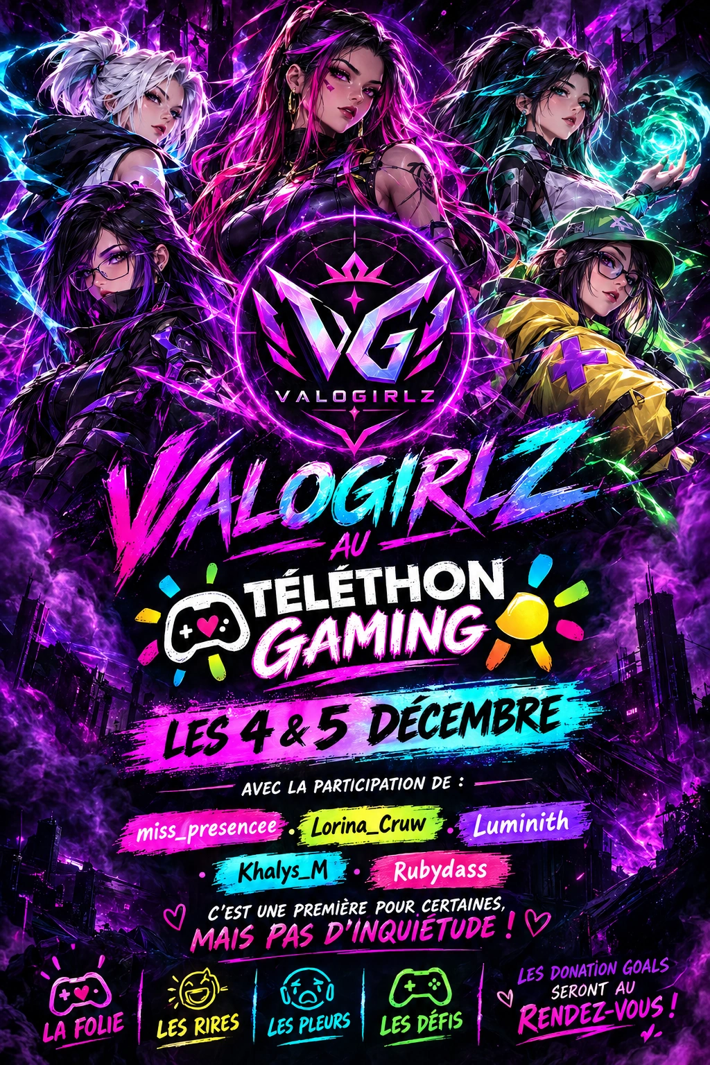 Affiche ValoGirlZ au Téléthon Gaming les 4 et 5 décembre, avec les joueuses et le programme de l’événement